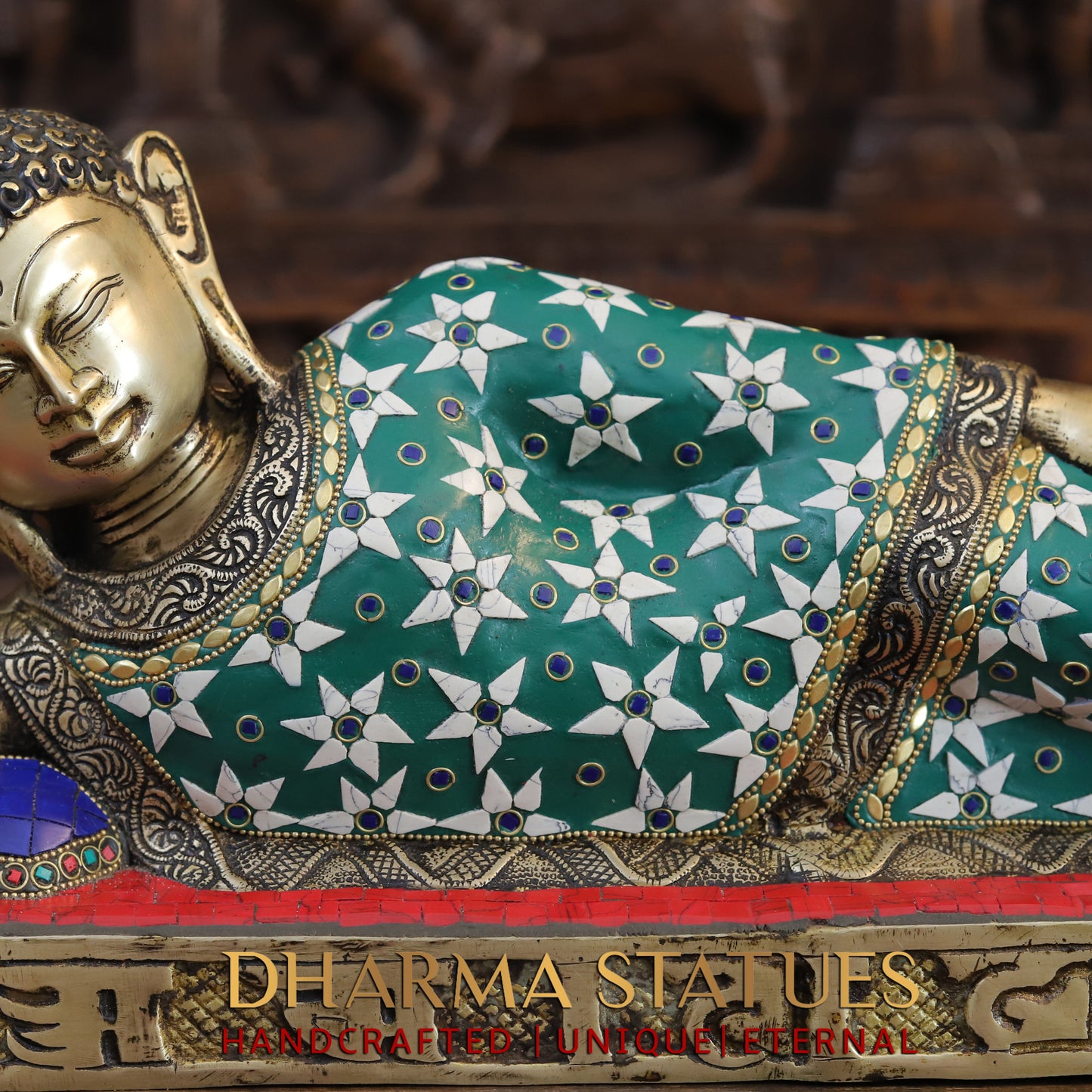 Brass Buddha in Resting Posture, Golden Finish & Stonework, 9.5"