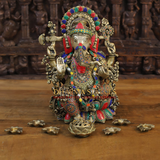Brass Ganesh seated on Lotus, Blessing Posture, Golden & Stonework, 16"
