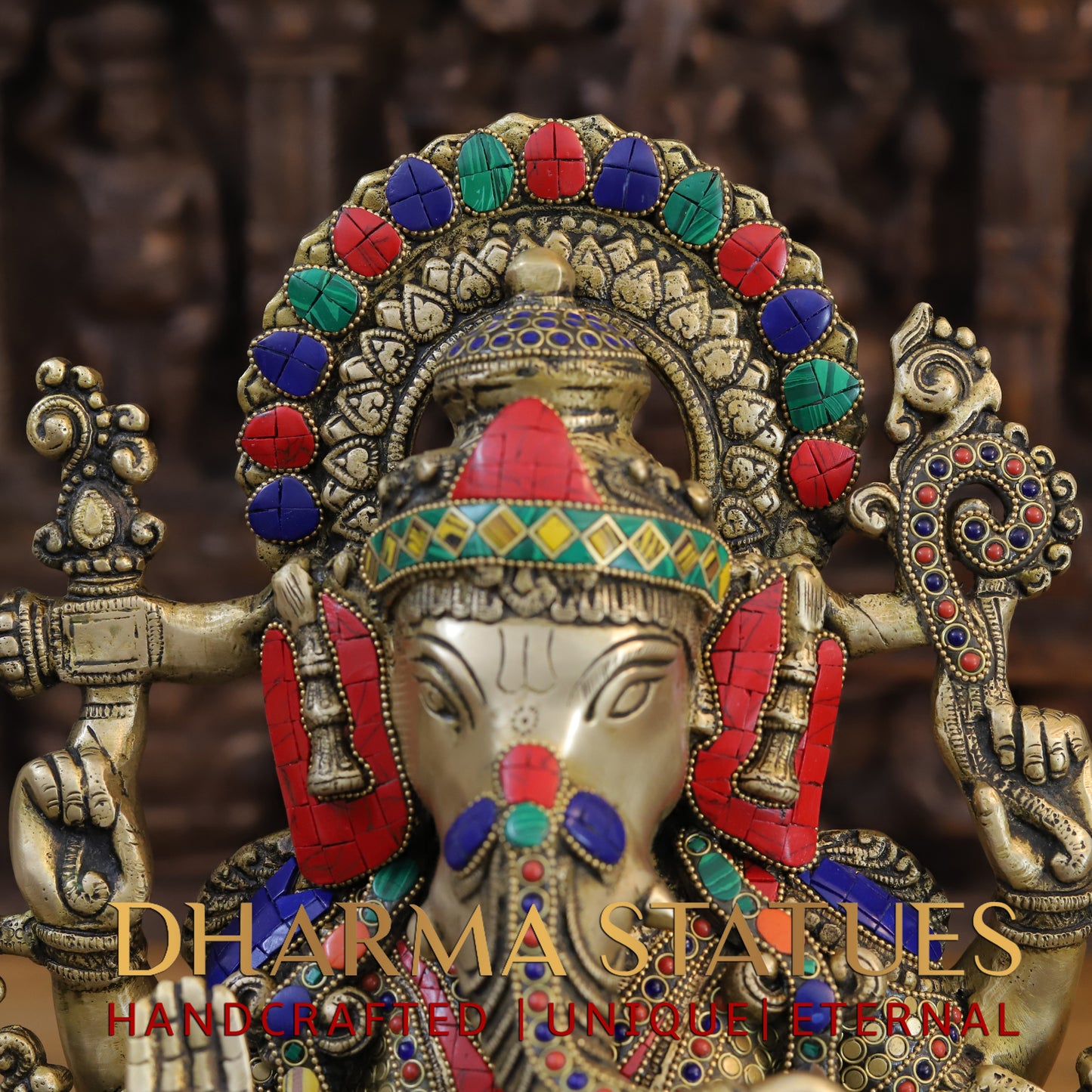 Brass Ganesh seated on Lotus, Blessing Posture, Golden & Stonework, 16"