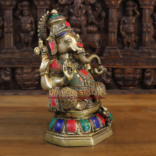 Brass Ganesh seated on Lotus, Golden & Stonework, 15.5"