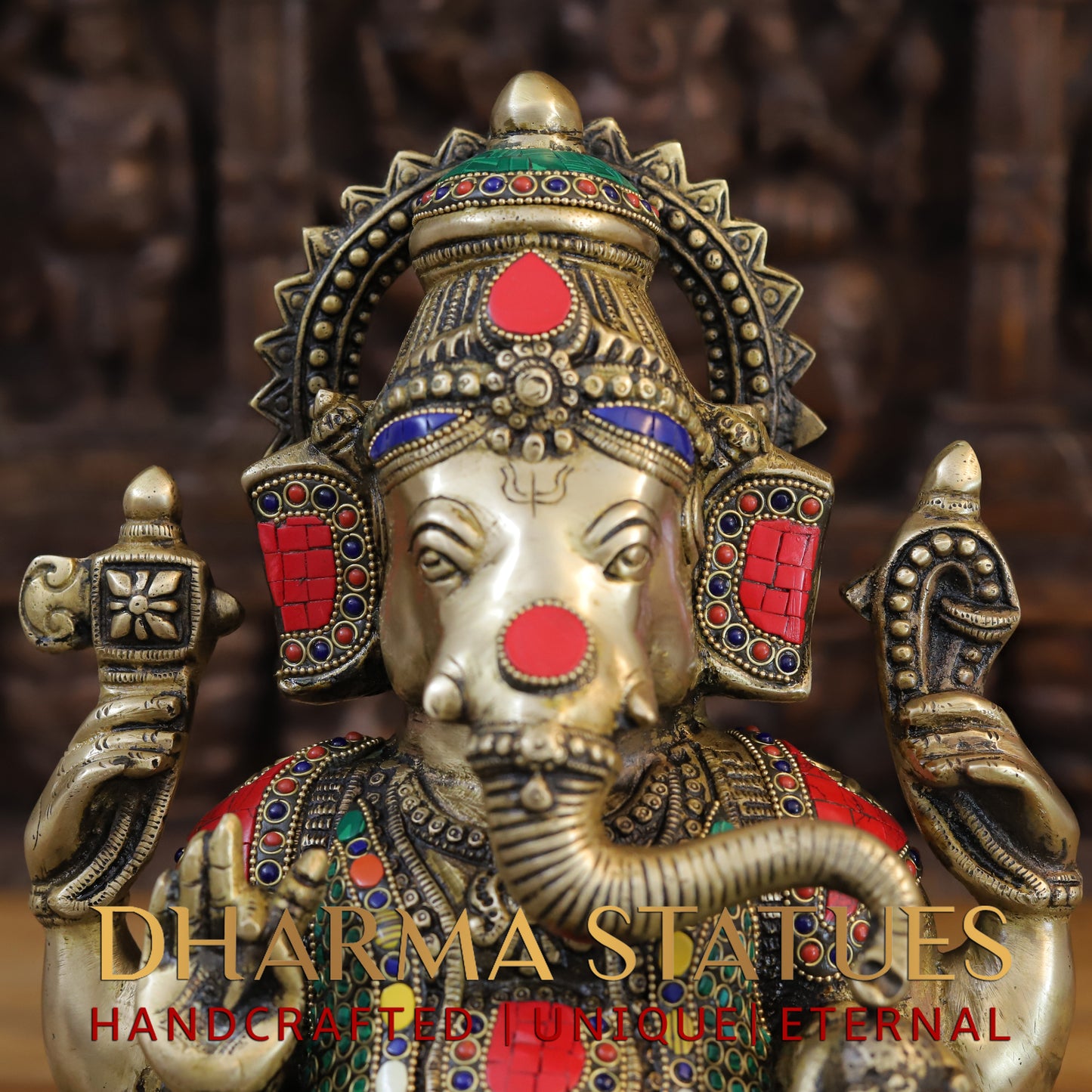 Brass Ganesh seated on Lotus, Golden & Stonework, 15.5"