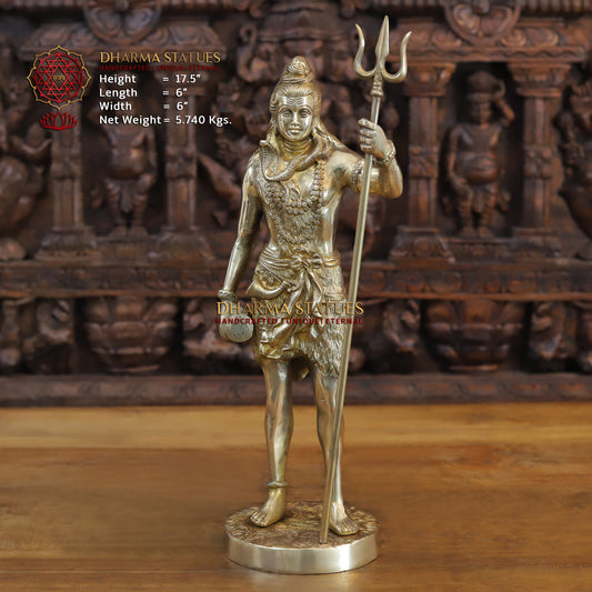 Brass Lord Shiva Statue, Standing Holding a Trident, Fine Golden Finish 17.5"