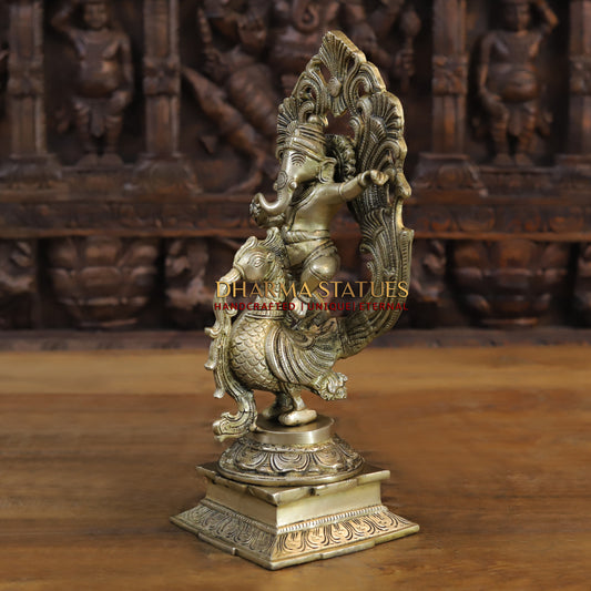 Brass Ganesh Dancing on Peacock, Fine Golden Finish 14"