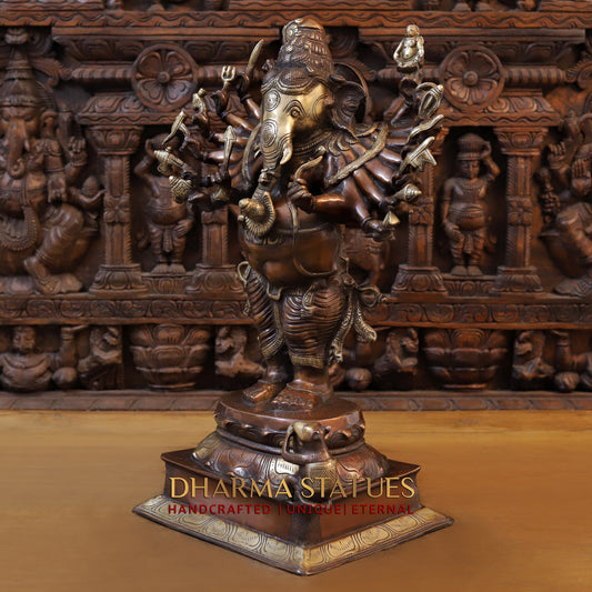 Brass Ganesh with Sixteen Armed, Copper & Golden Finish, 23"