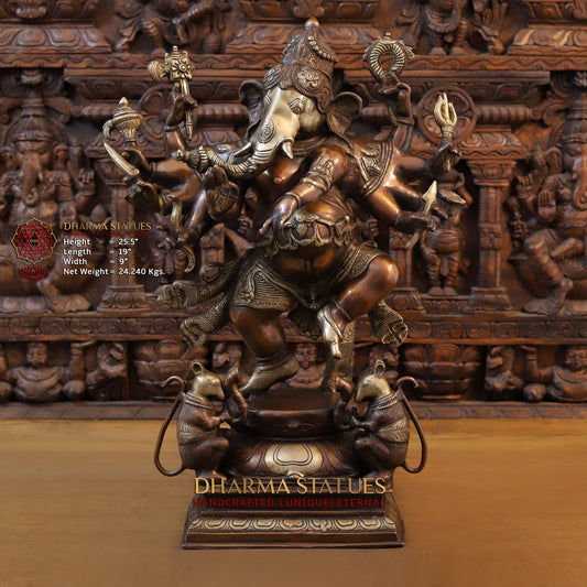 Brass Dancing Ganesh with 10 Arms, Copper & Golden Finish, 25.5"