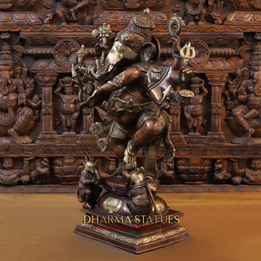Brass Dancing Ganesh with 10 Arms, Copper & Golden Finish, 25.5"