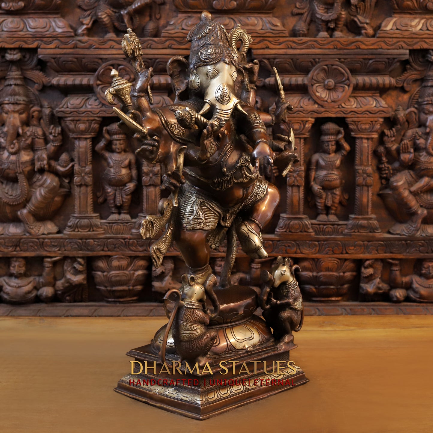 Brass Dancing Ganesh with 10 Arms, Copper & Golden Finish, 25.5"