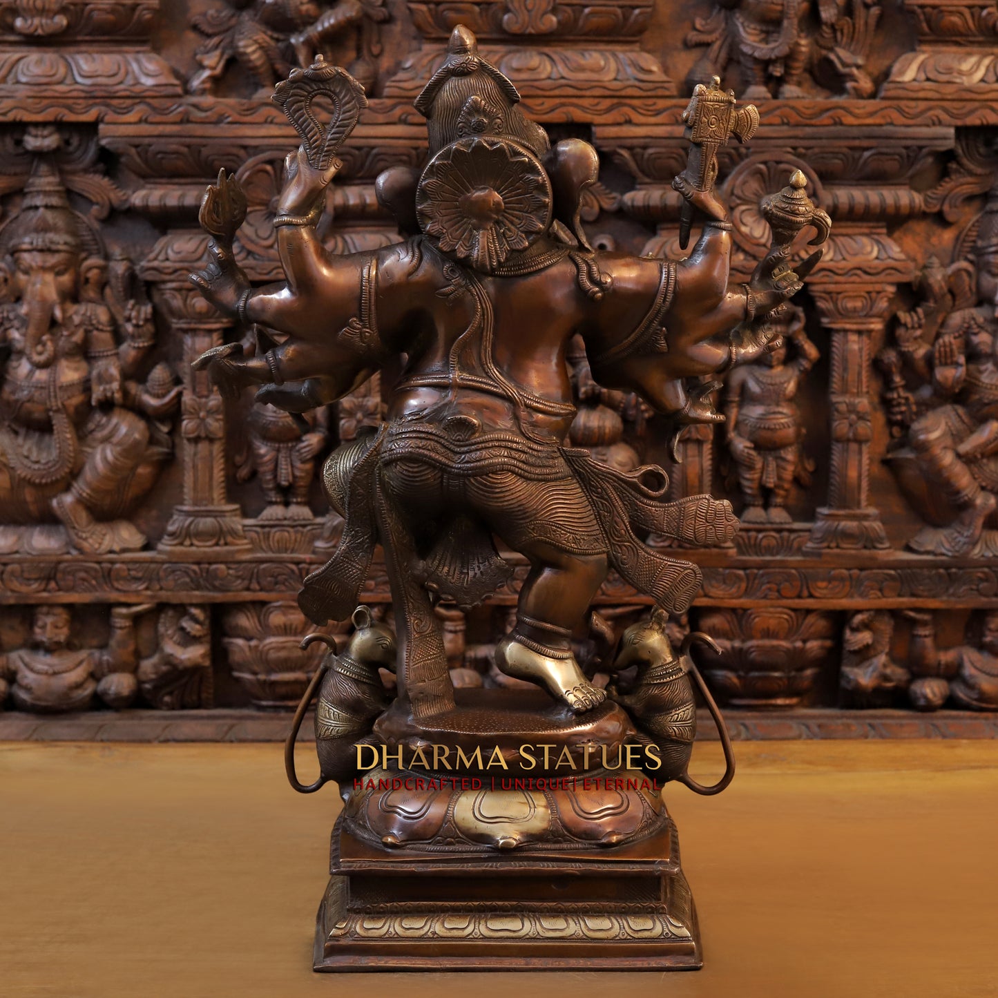 Brass Dancing Ganesh with 10 Arms, Copper & Golden Finish, 25.5"