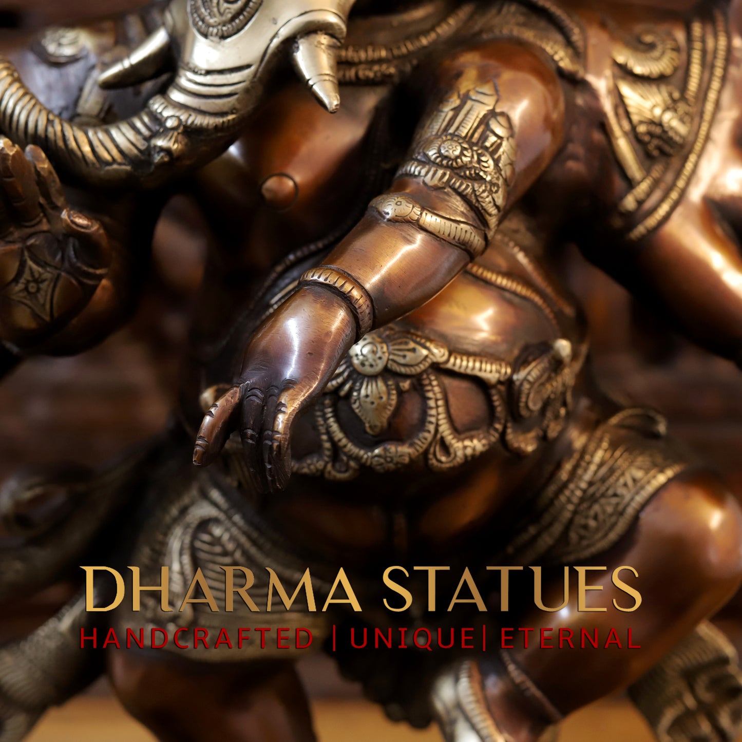 Brass Dancing Ganesh with 10 Arms, Copper & Golden Finish, 25.5"