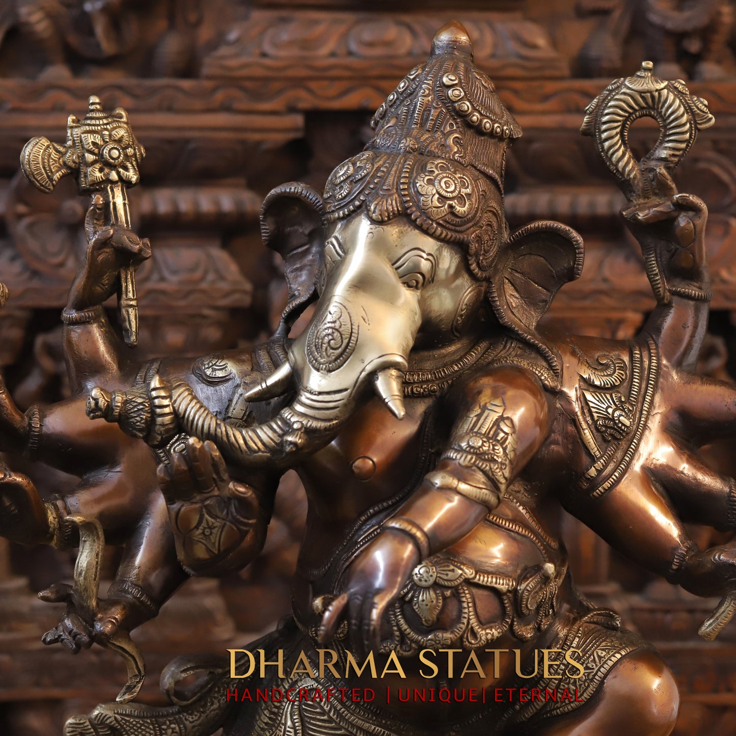 Brass Dancing Ganesh with 10 Arms, Copper & Golden Finish, 25.5"
