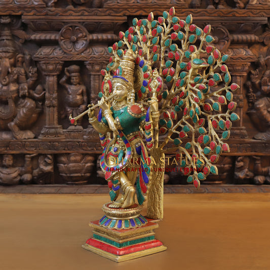 Brass Krishna Playing Flute with Tree, Golden & Stonework, 23"