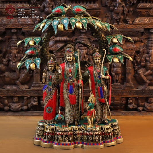 Brass Ram Darbar with Tree, Golden & Stonework, 29"