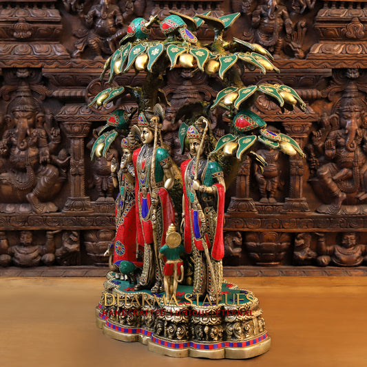 Brass Ram Darbar with Tree, Golden & Stonework, 29"