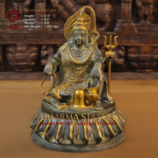 Brass Shiva with Shiv-ling, Green patina & Golden Finish, 11.5"