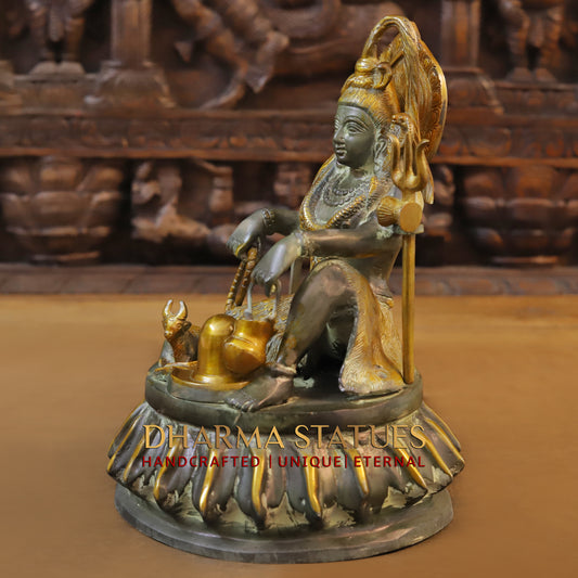 Brass Shiva with Shiv-ling, Green patina & Golden Finish, 11.5"
