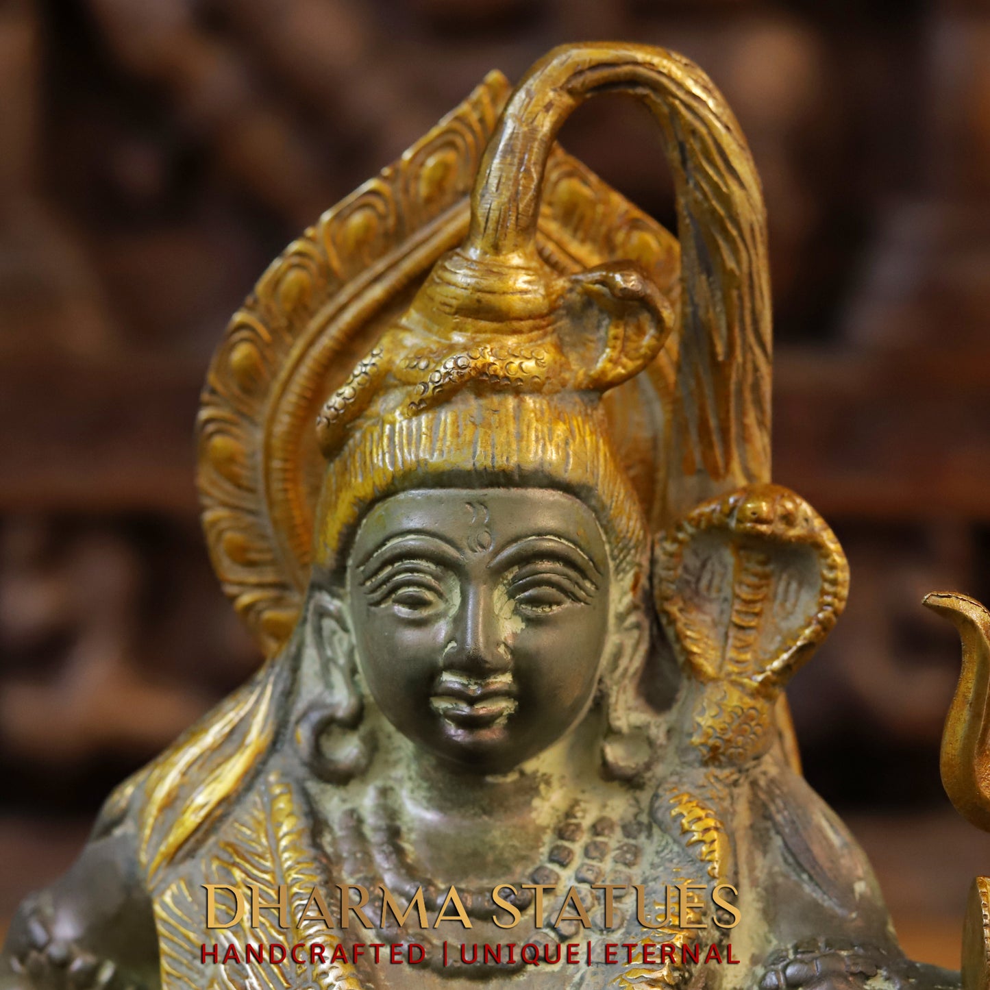 Brass Shiva with Shiv-ling, Green patina & Golden Finish, 11.5"