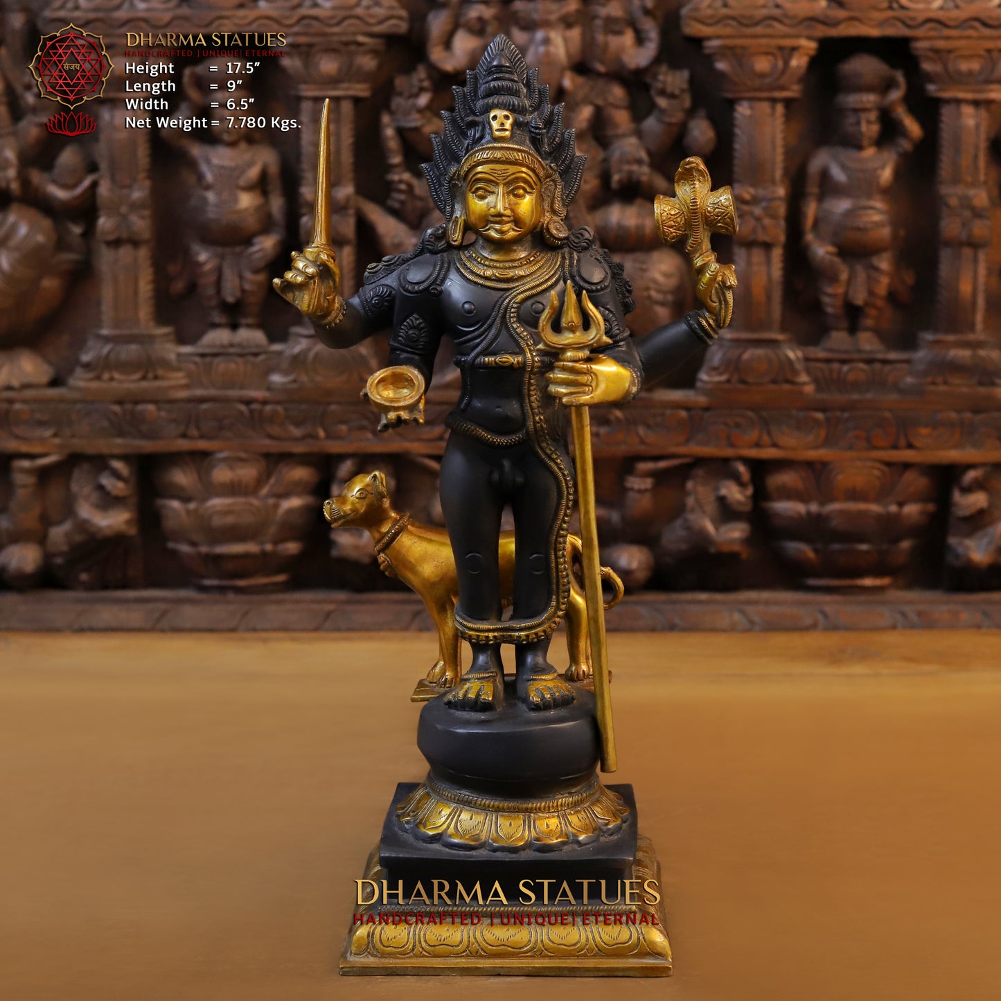 Brass Shiva Standing Four Armed, Black Patina & Golden Finish, 17.5"