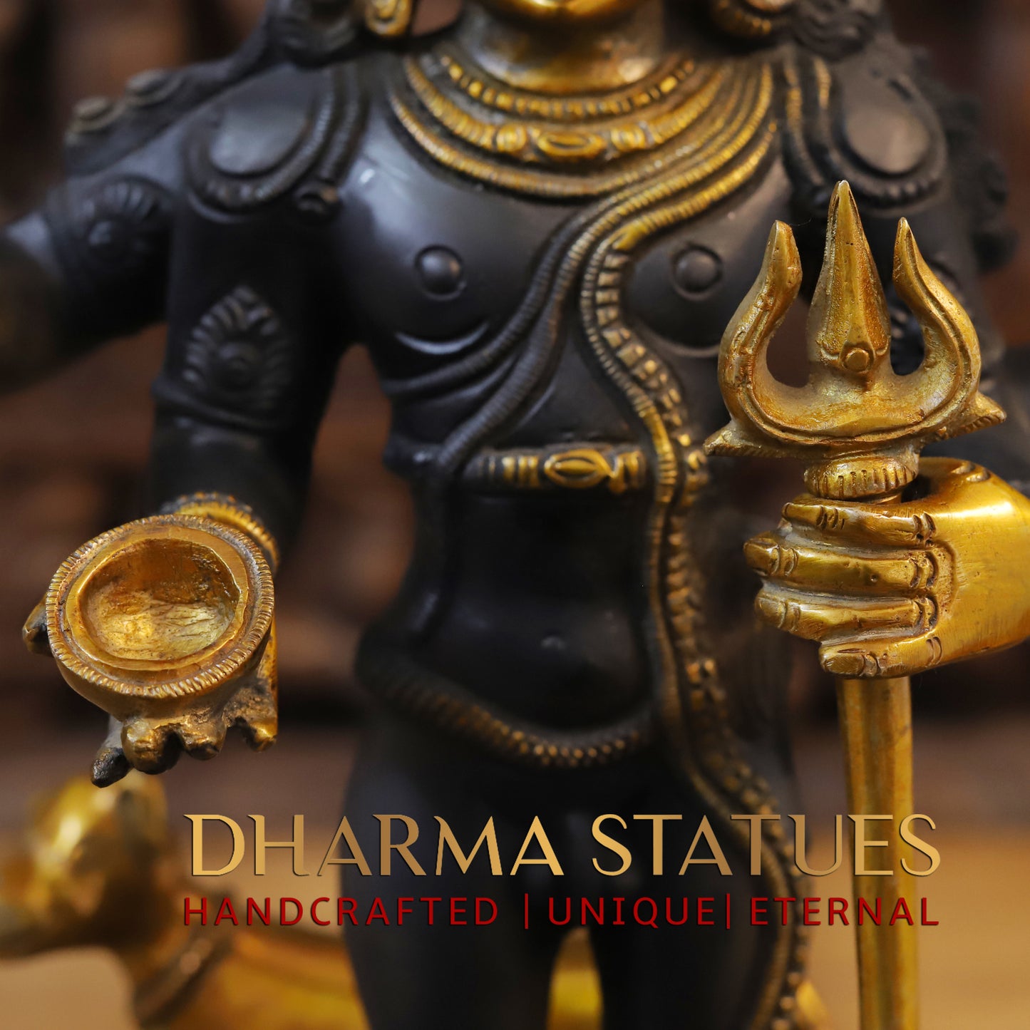 Brass Shiva Standing Four Armed, Black Patina & Golden Finish, 17.5"