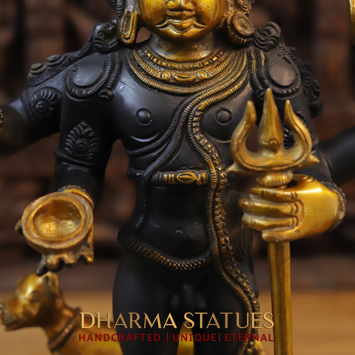 Brass Shiva Standing Four Armed, Black Patina & Golden Finish, 17.5"