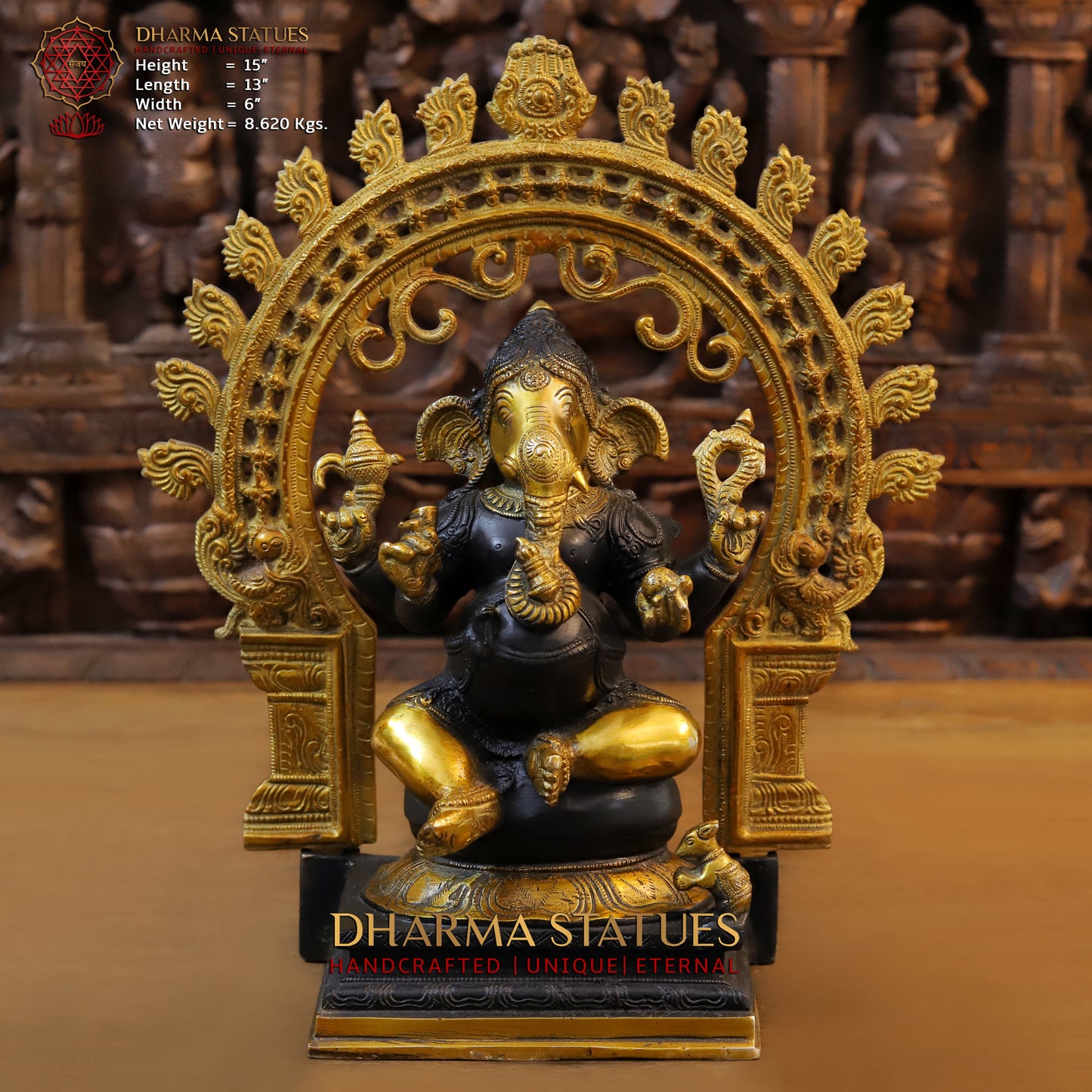 Brass Ganesh seated in Frame, Golden & Black Finish, 15"