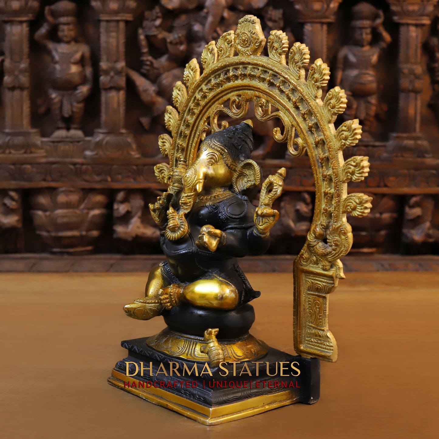 Brass Ganesh seated in Frame, Golden & Black Finish, 15"
