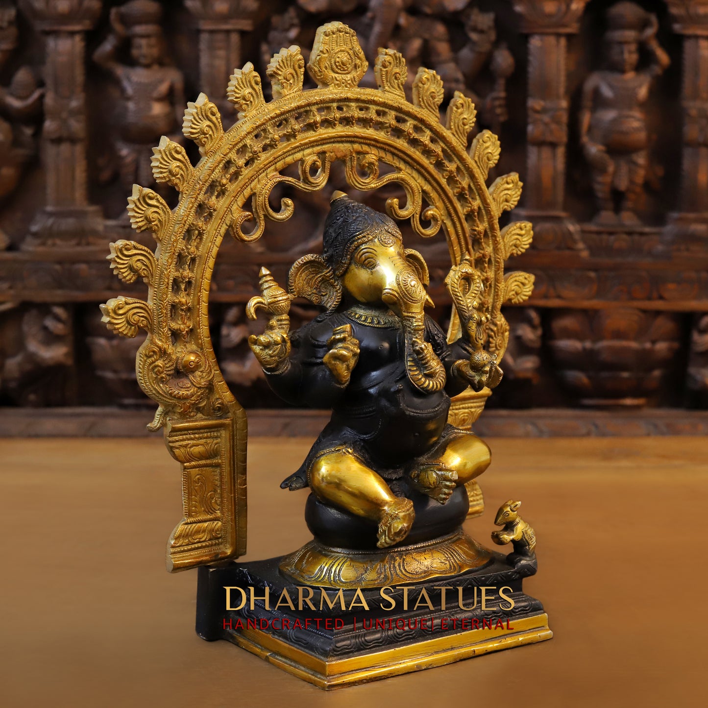 Brass Ganesh seated in Frame, Golden & Black Finish, 15"