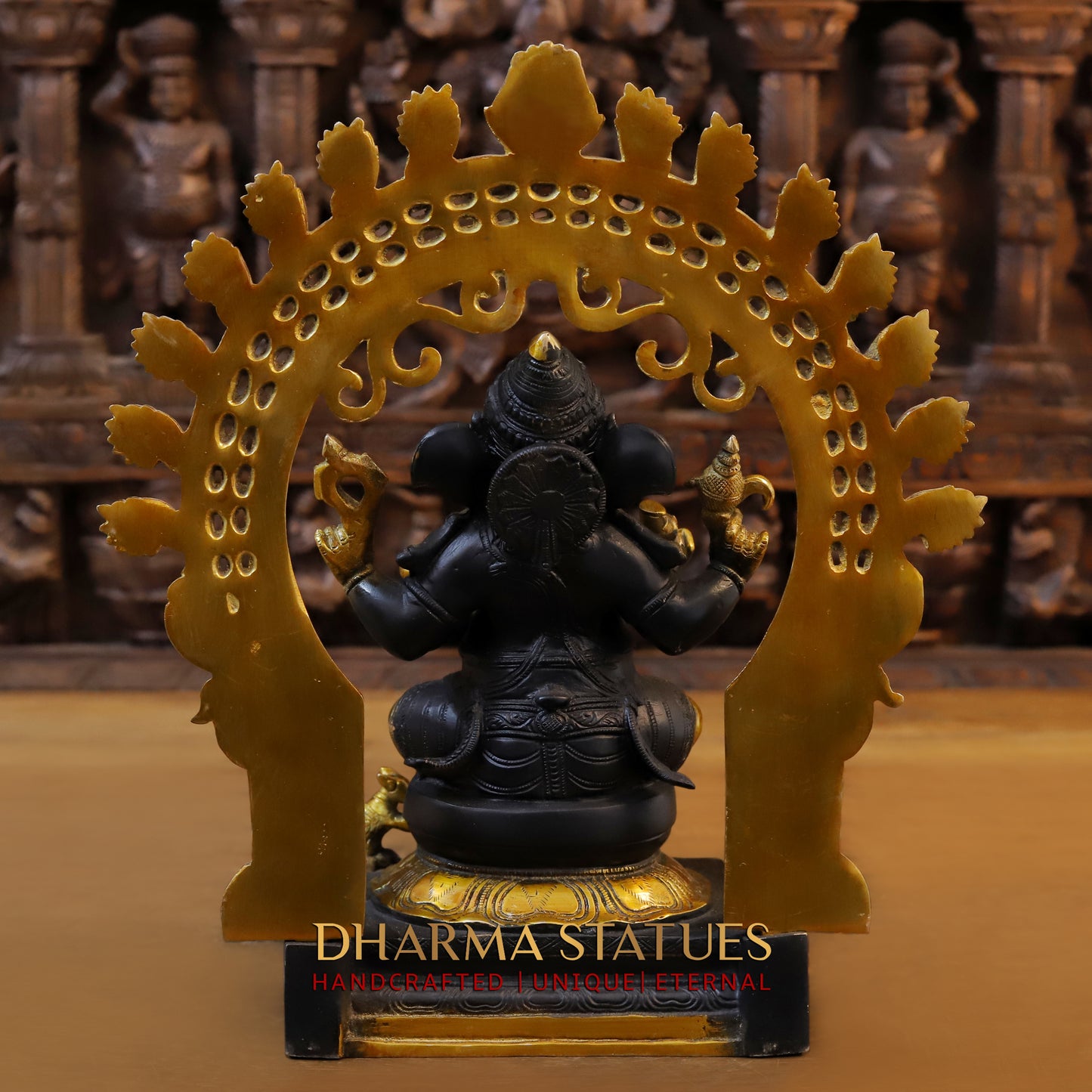 Brass Ganesh seated in Frame, Golden & Black Finish, 15"
