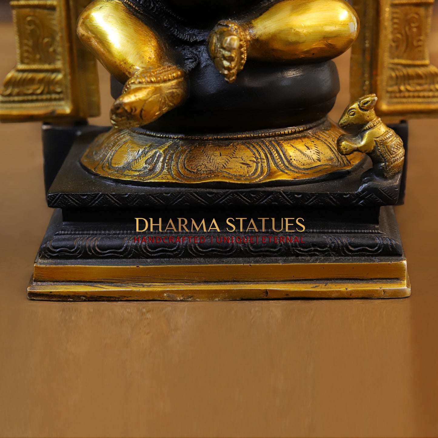 Brass Ganesh seated in Frame, Golden & Black Finish, 15"
