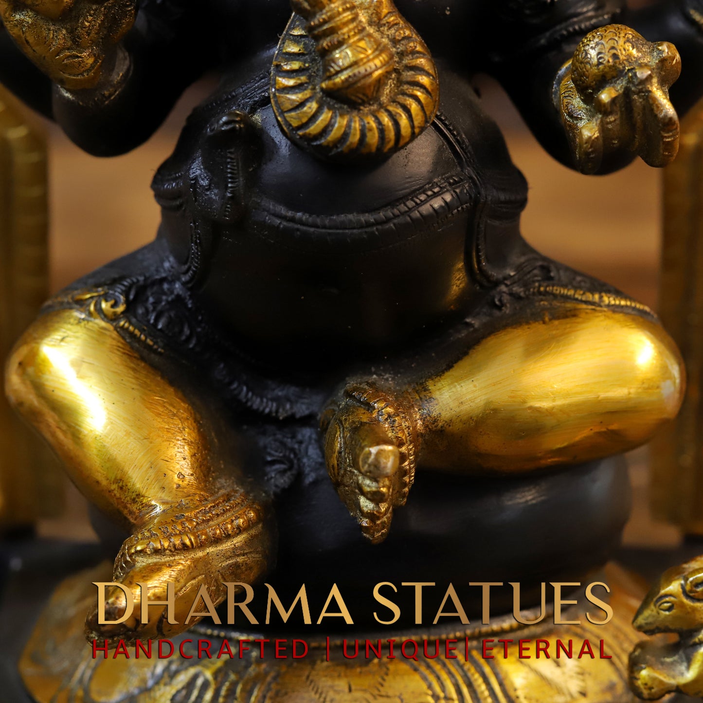 Brass Ganesh seated in Frame, Golden & Black Finish, 15"