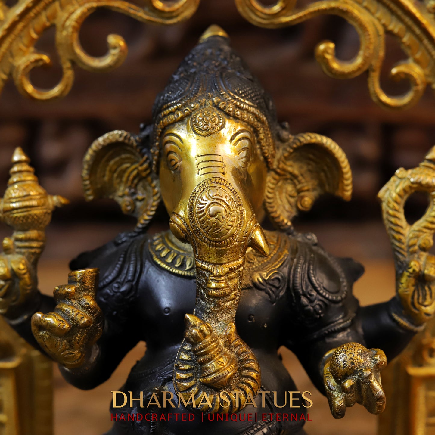 Brass Ganesh seated in Frame, Golden & Black Finish, 15"
