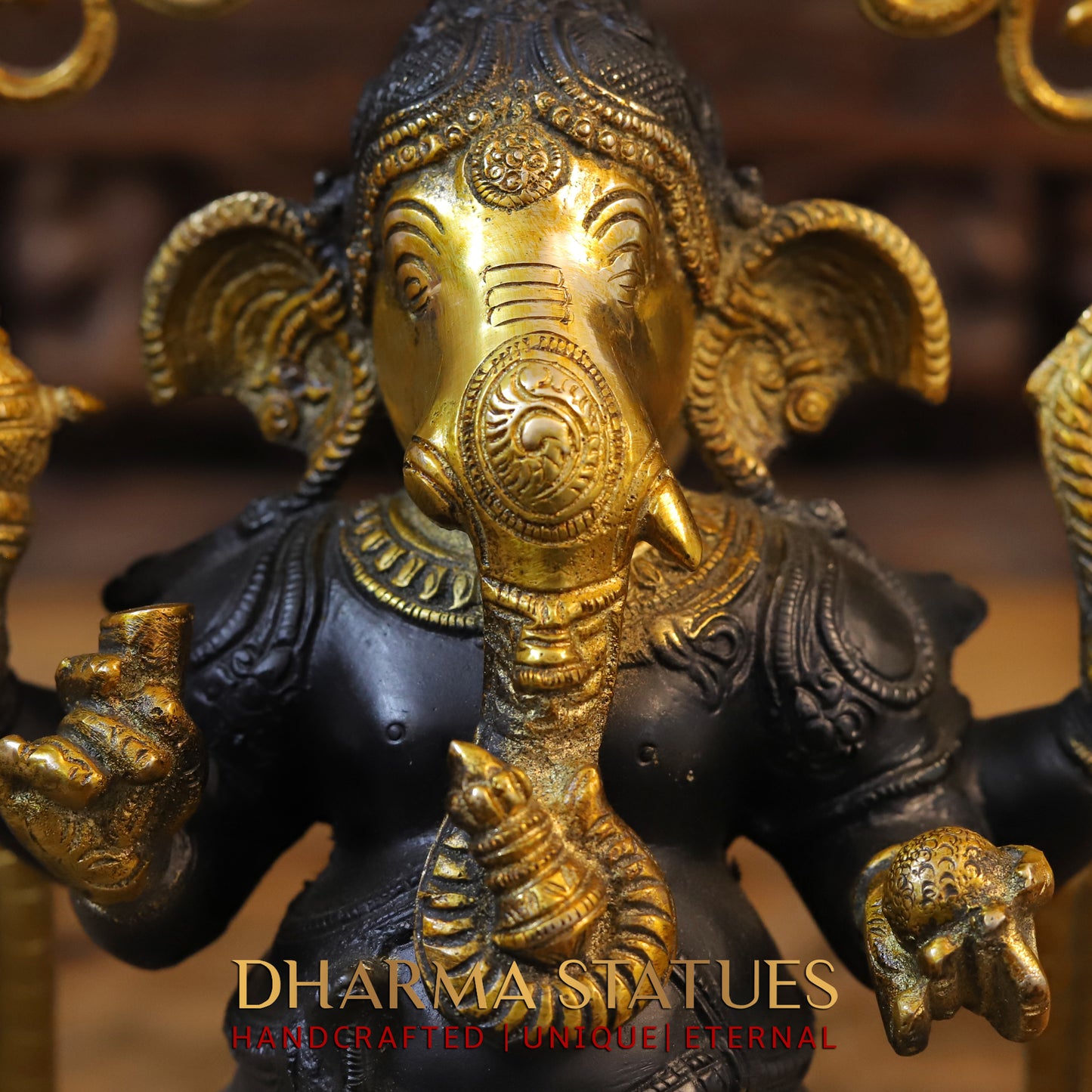 Brass Ganesh seated in Frame, Golden & Black Finish, 15"