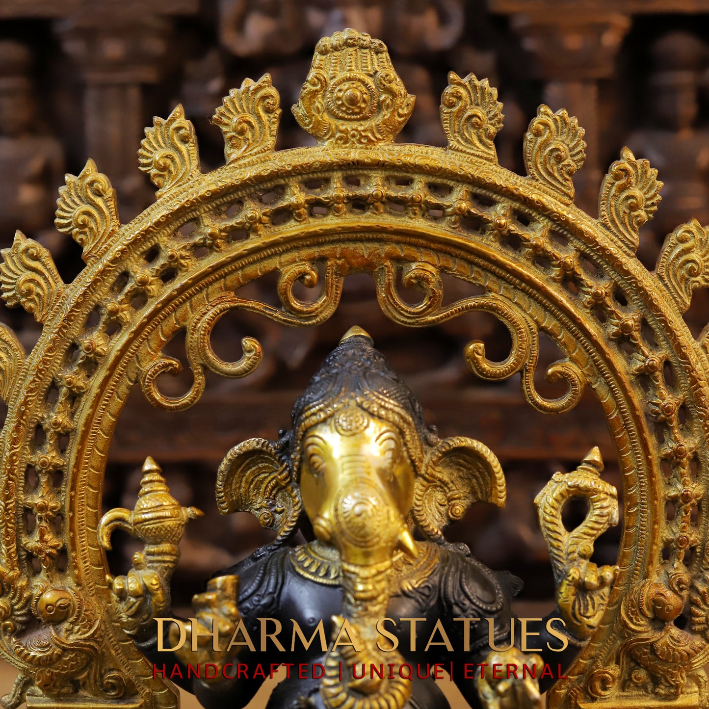 Brass Ganesh seated in Frame, Golden & Black Finish, 15"