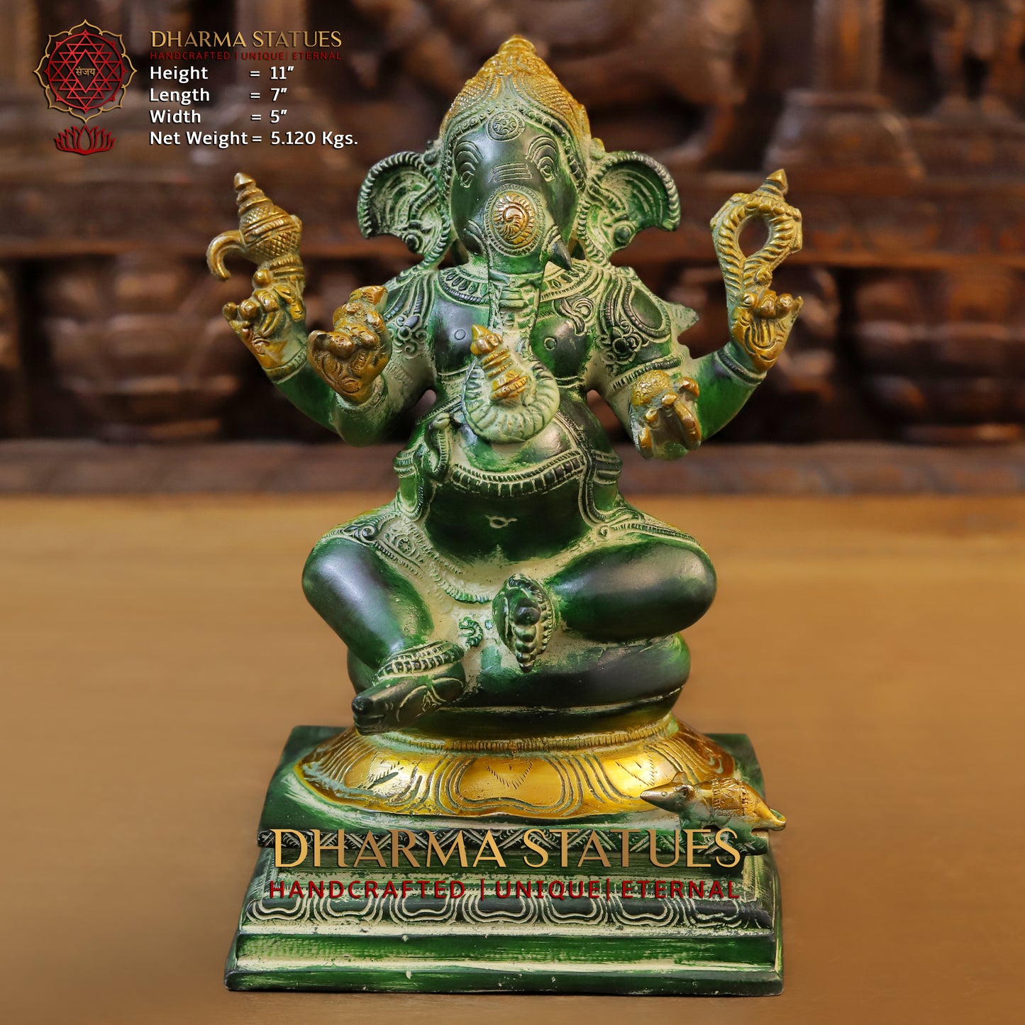 Brass Ganesh seated on Pedestal, Green Patina & Golden Finish, 11"