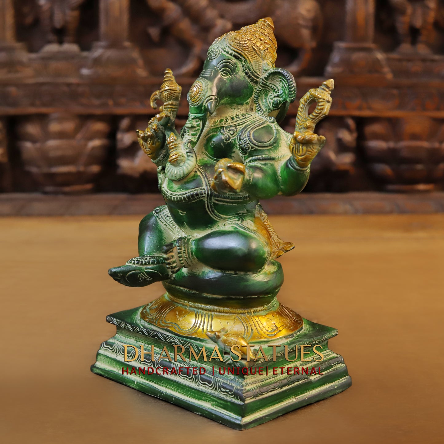 Brass Ganesh seated on Pedestal, Green Patina & Golden Finish, 11"