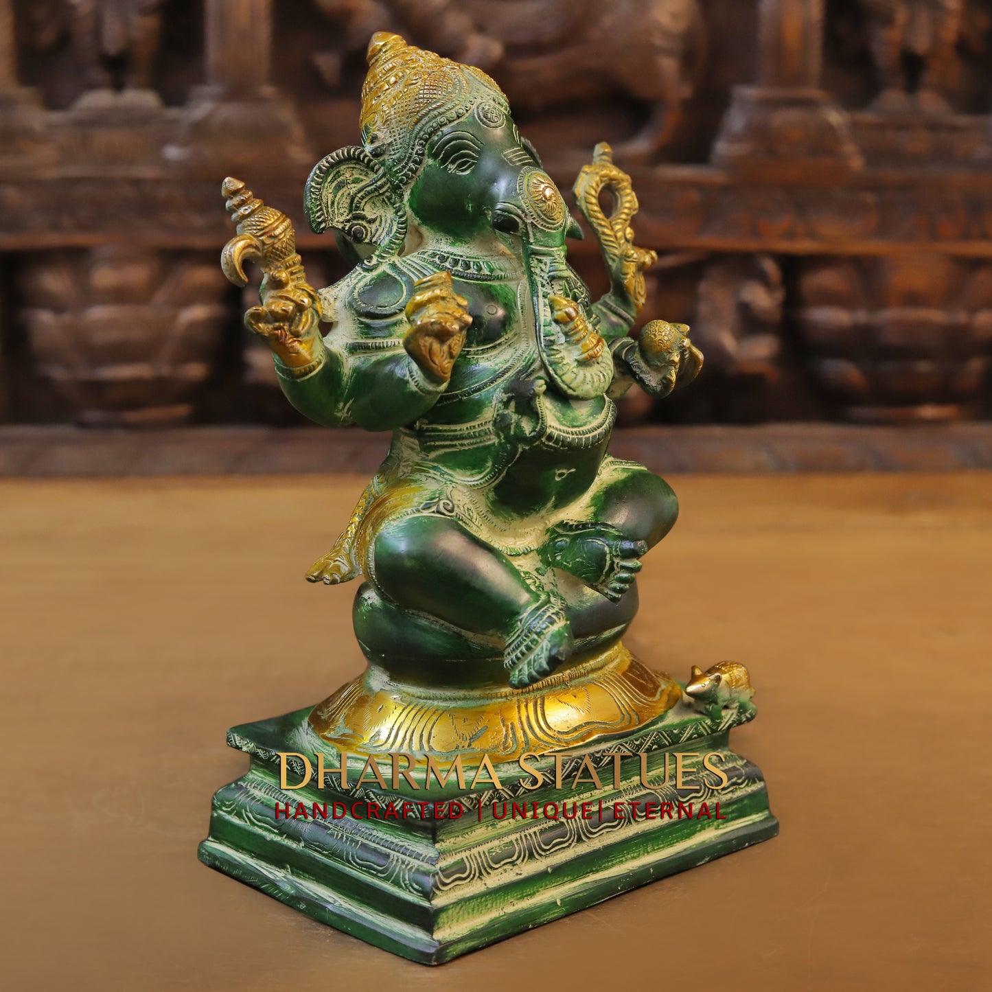 Brass Ganesh seated on Pedestal, Green Patina & Golden Finish, 11"