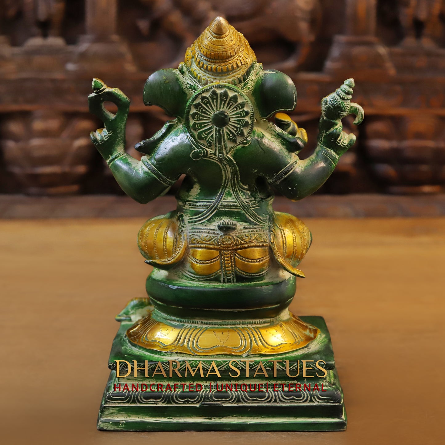 Brass Ganesh seated on Pedestal, Green Patina & Golden Finish, 11"