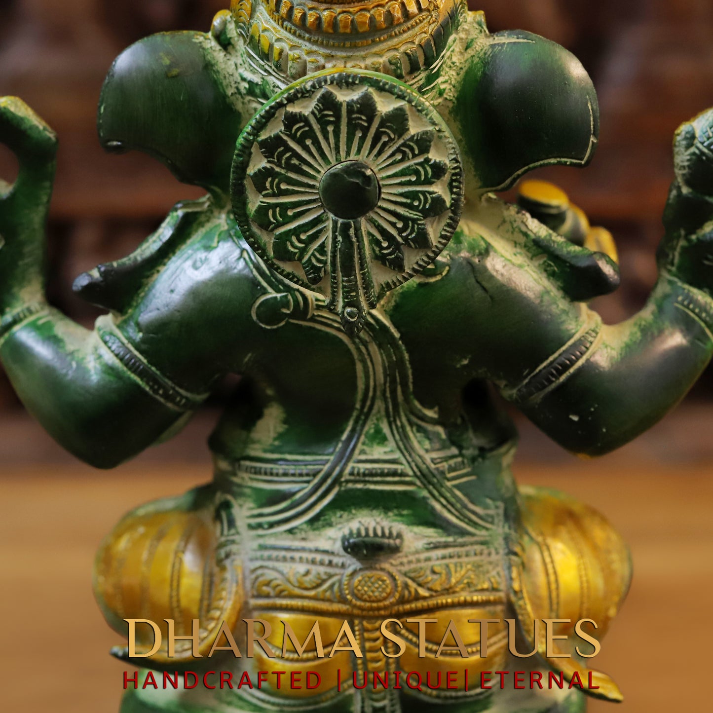 Brass Ganesh seated on Pedestal, Green Patina & Golden Finish, 11"