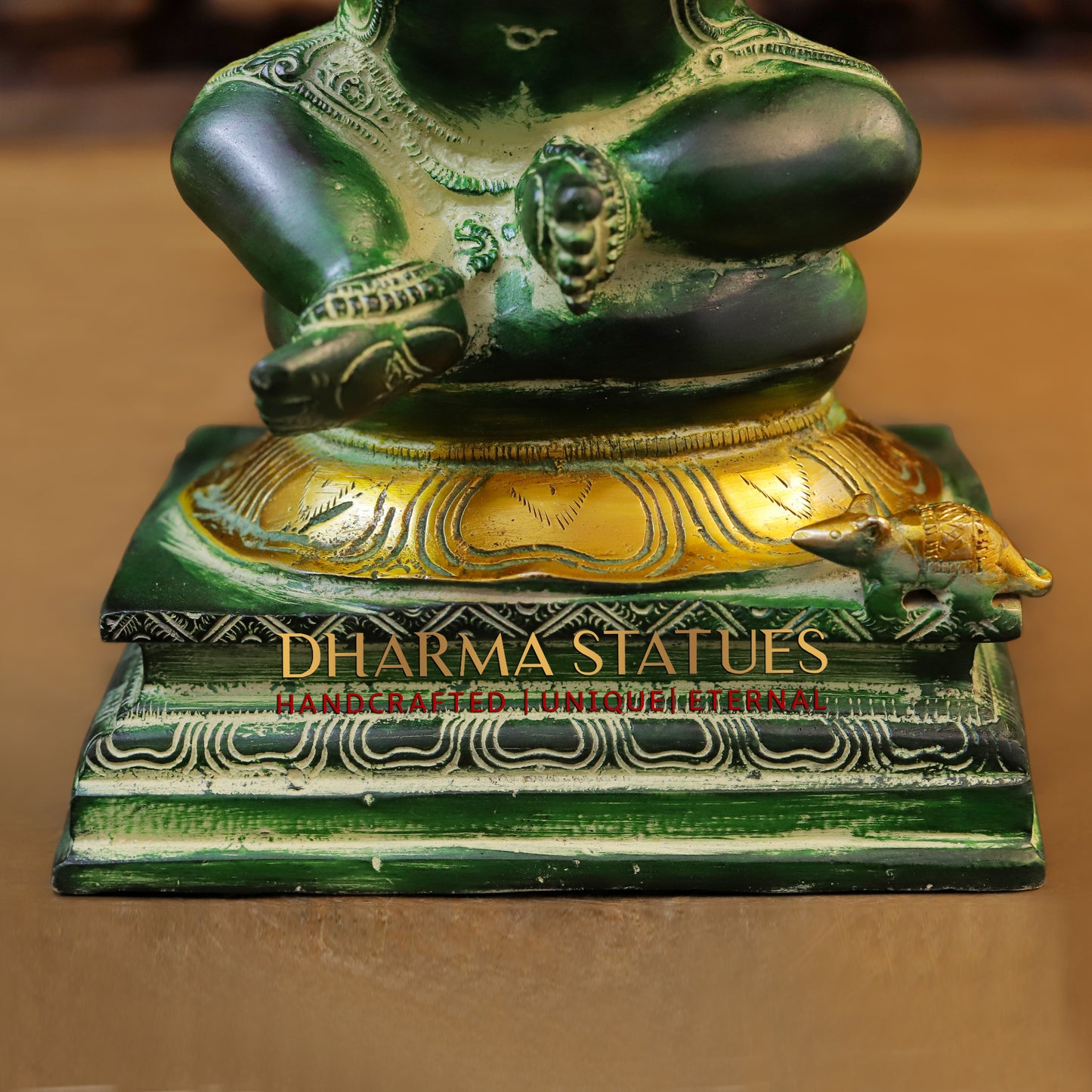 Brass Ganesh seated on Pedestal, Green Patina & Golden Finish, 11"
