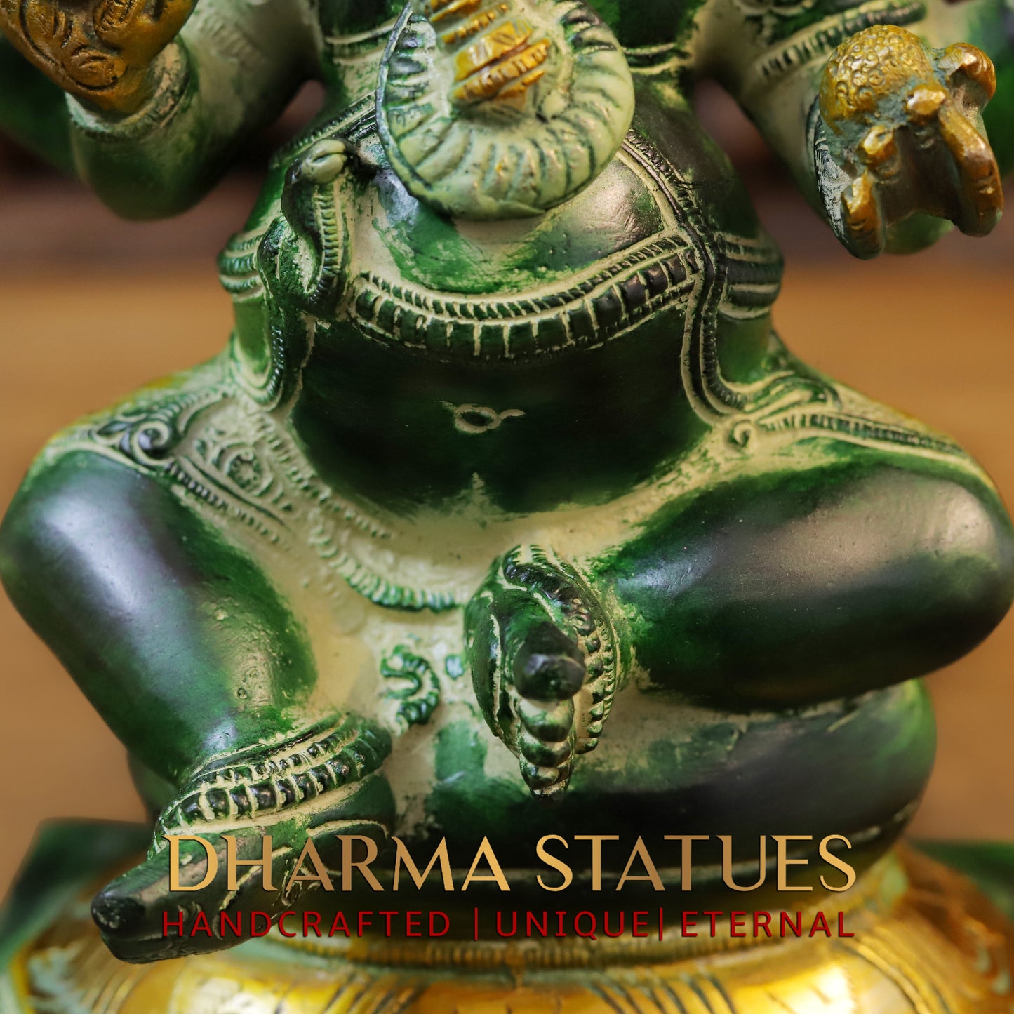 Brass Ganesh seated on Pedestal, Green Patina & Golden Finish, 11"