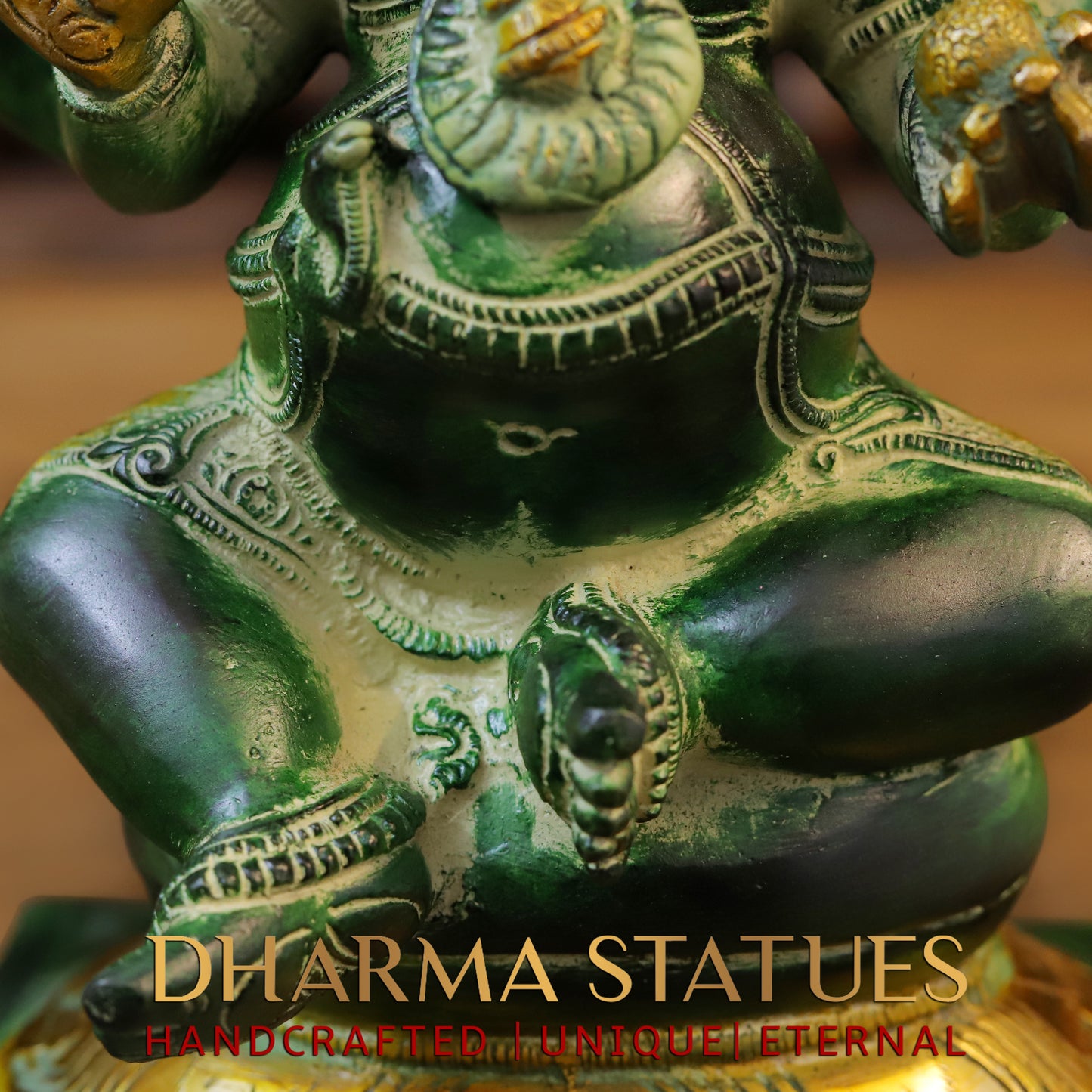 Brass Ganesh seated on Pedestal, Green Patina & Golden Finish, 11"
