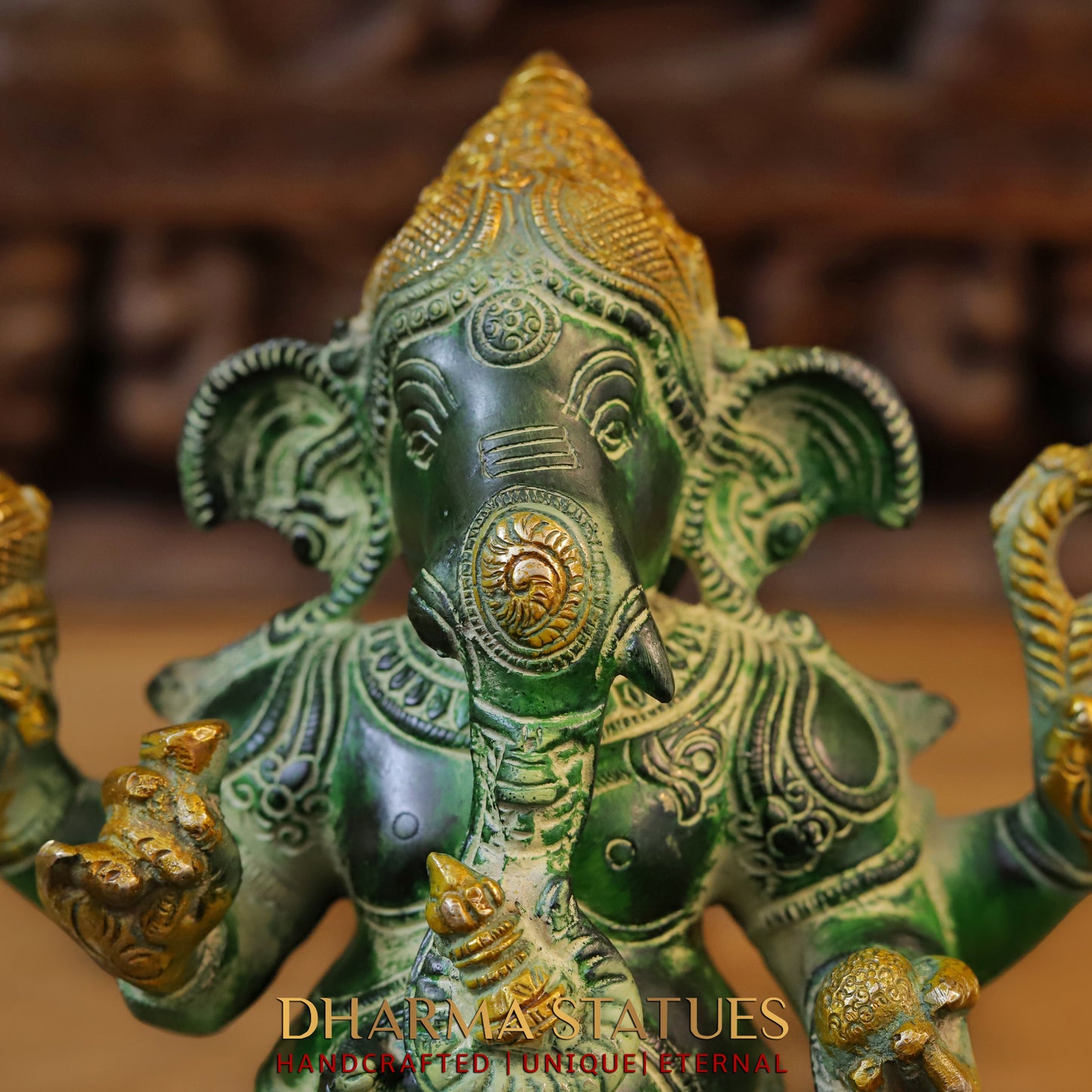Brass Ganesh seated on Pedestal, Green Patina & Golden Finish, 11"