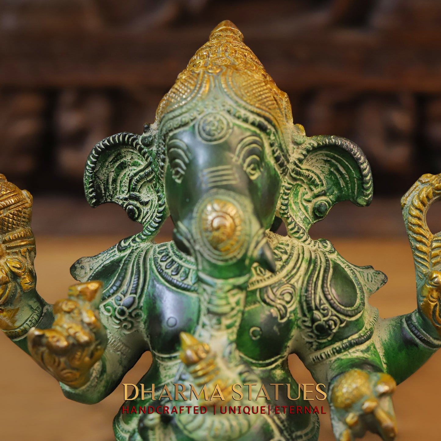 Brass Ganesh seated on Pedestal, Green Patina & Golden Finish, 11"