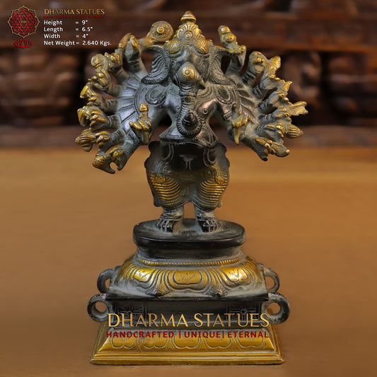 Brass Sixteen-Armed Vira-Ganesh, Black & Golden Finish, 9"