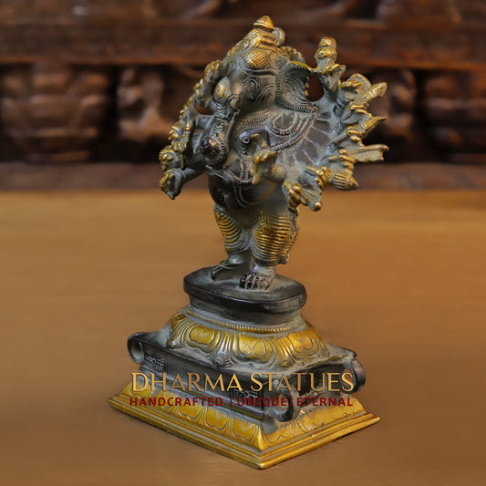 Brass Sixteen-Armed Vira-Ganesh, Black & Golden Finish, 9"