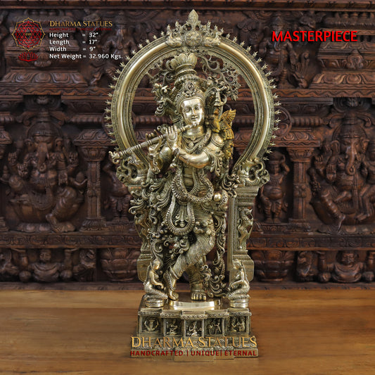 Brass Krishna Idol, Playing Flute, Fine Golden work, Masterpiece 32"