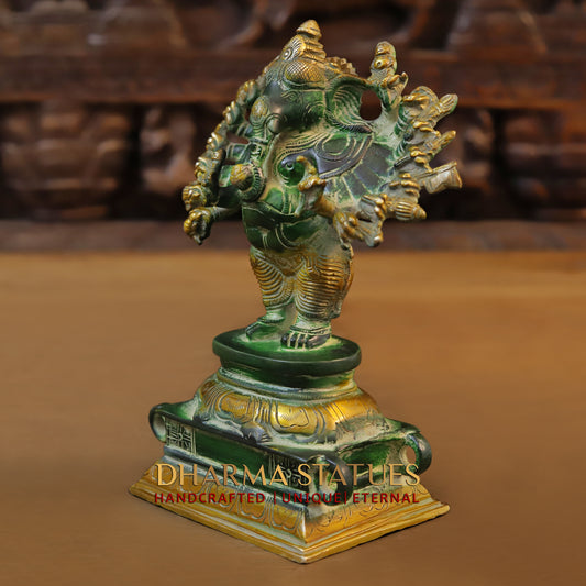 Brass Sixteen-Armed Vira-Ganesh, Green Patina & Golden Finish, 9"