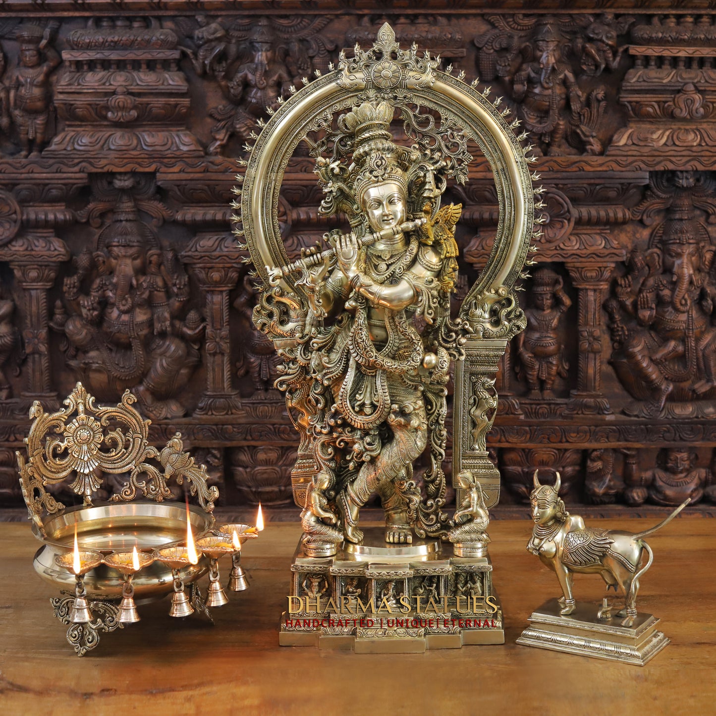 Brass Krishna Idol, Playing Flute, Fine Golden work, Masterpiece 32"