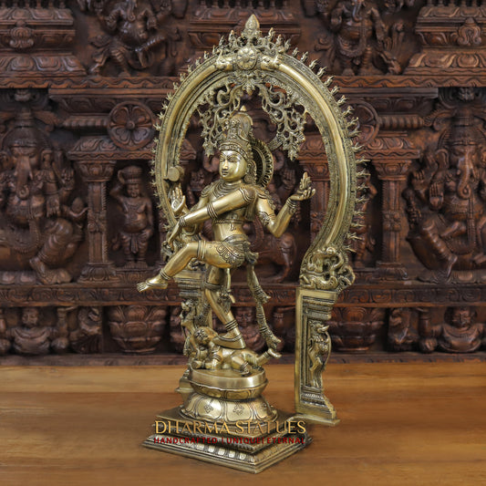 Brass Natraj Idol, Dancing Lord Shiva, Fine Golden Finish, Masterpiece 28.5"