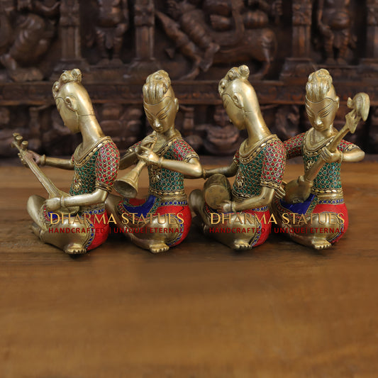 Brass Mystical Musicians of the Mughal Court (Set of 4), Golden & Stonework, 9.5"