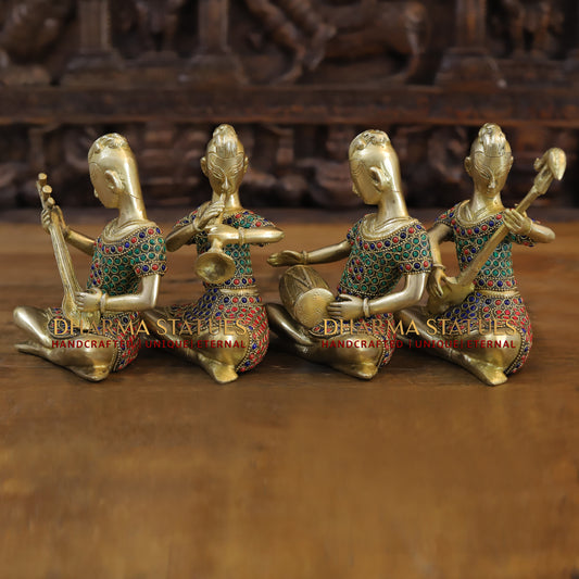 Brass Mystical Musicians of the Mughal Court (Set of 4), Golden & Stonework, 7"